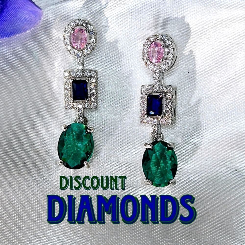 Pink, Blue, Green Topaz Drop Dangle Earrings Wrapped by Clear White Topaz 925